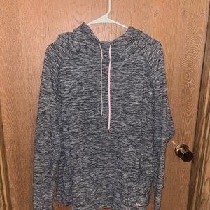 Gray Hooded Sweatshirt with Pink Drawstrings and kangaroo pockets